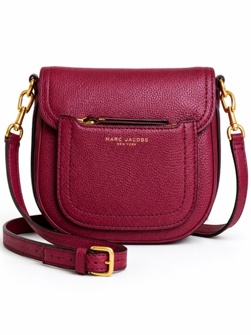 Marc Jacobs Empire City Leather Crossbody Saddle Bag Burgundy Pebbled Gold
